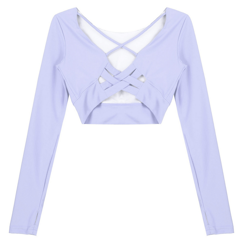 Lavender sports seamless long sleeves cropped top with back cross straps, O-neck, lightweight nylon and spandex for an active lifestyle.